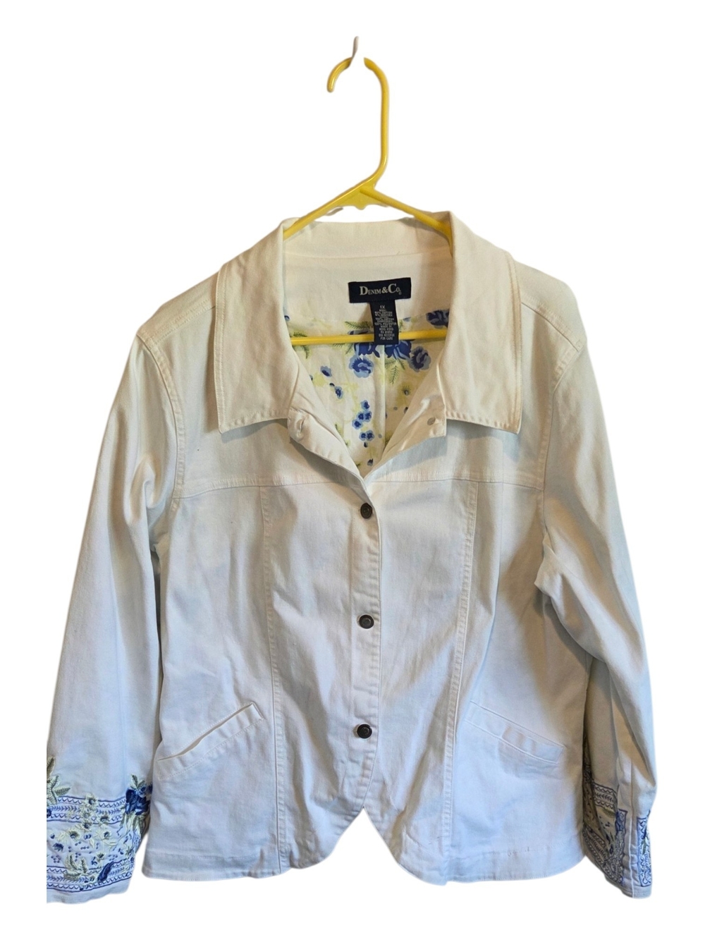 Denim&Co White Embroidered Cuff Jean Jacket